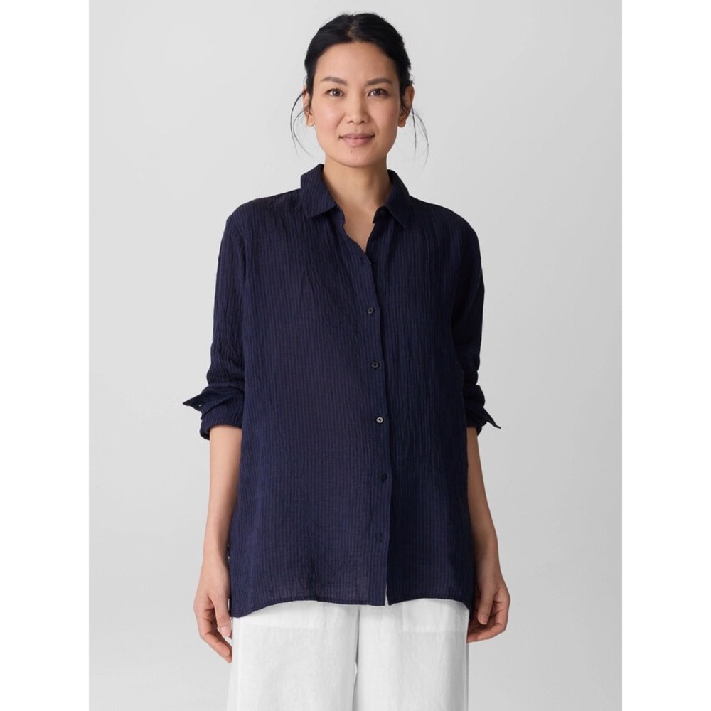 Eileen Fisher Ink Blue Tencel Lyocell Classic Collar Shirt S6TGK-T6109M Large